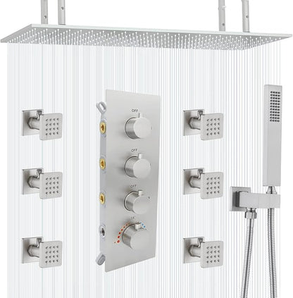16X32 Inch Ceiling Mount Large Rainfall Shower System Thermostatic Multi Jet Shower Faucet System Luxury Massage Shower Fixtures Set with 6 Body Spray Jets, Run All at the Same Time (Brushed Nickel)