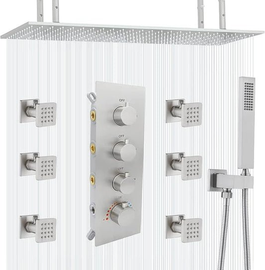 16X32 Inch Ceiling Mount Large Rainfall Shower System Thermostatic Multi Jet Shower Faucet System Luxury Massage Shower Fixtures Set with 6 Body Spray Jets, Run All at the Same Time (Brushed Nickel)
