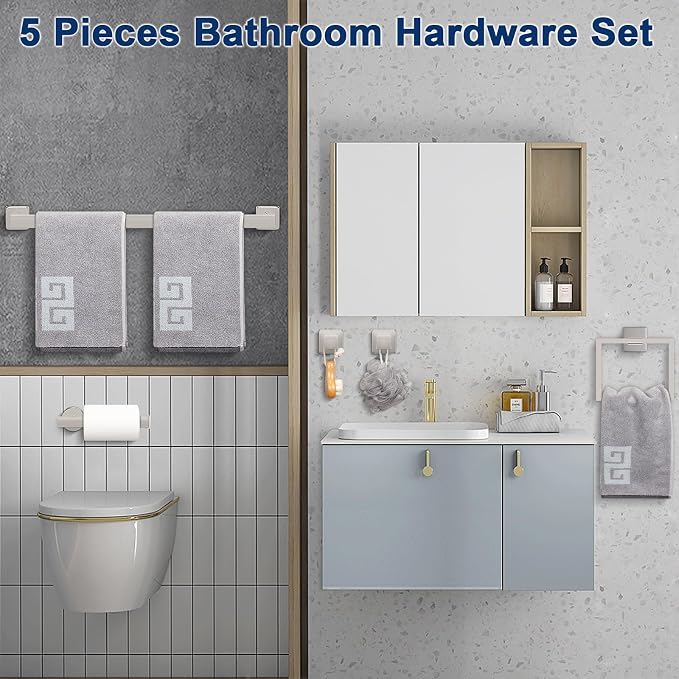 NearMoon 5 Pieces Bathroom Hardware Set 304 Stainless Steel, Square Towel Rack Kit - 24" Towel Rod + Towel Ring + Toilet Paper Holder + 2 Robe Hooks, Wall Mounted Bath Accessories (Chrome Finish)