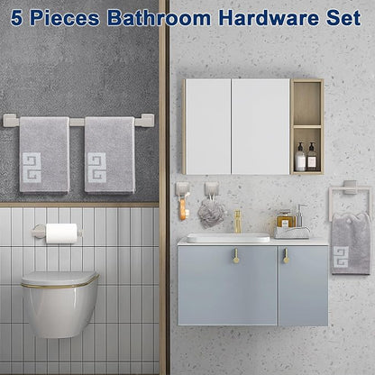 NearMoon 5 Pieces Bathroom Hardware Set 304 Stainless Steel, Square Towel Rack Kit - 24" Towel Rod + Towel Ring + Toilet Paper Holder + 2 Robe Hooks, Wall Mounted Bath Accessories (Chrome Finish)