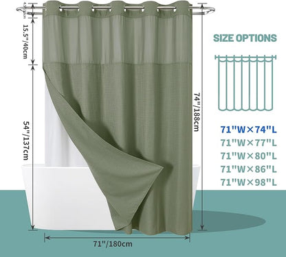No Hook Waffle Shower Curtain with Snap-in Liner, 71x74 Inch, Sage Green | 230 GSM waffle weave fabric, waterproof liner set with 2 bottom magnets, mesh top window, washable, for bathroom or hotel use