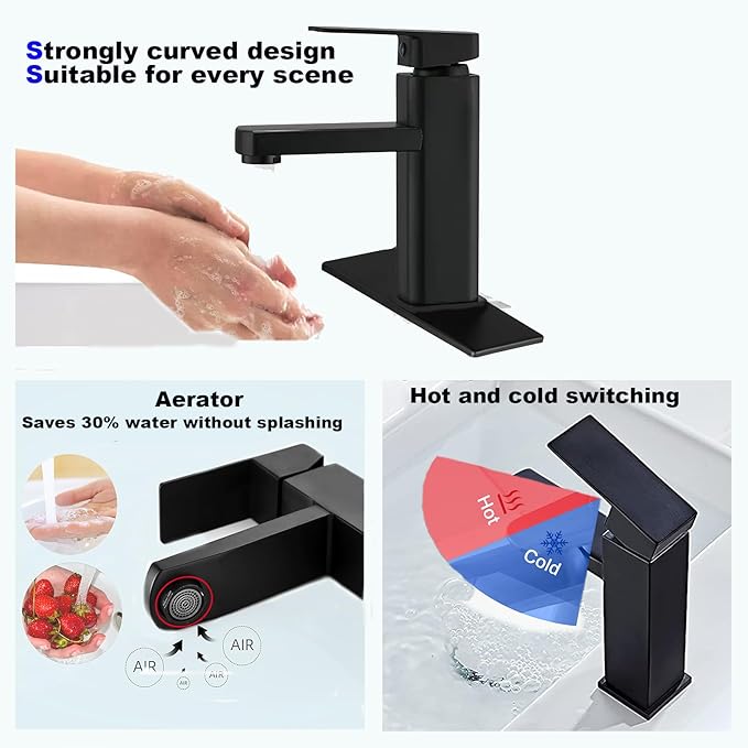 washbasin Faucet, SUS304 Stainless Steel washbasin, Hybrid washbasin Sink Faucet, Non-Leakage, with Silent Function, Water-Saving, Corrosion-Resistant, for Kitchen and Bathroom (Black)