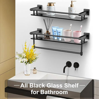 Glass Shelf for Bathroom 20 Inch Bathroom Shelves with Towel Bar Tempered Glass Shelves with Stainless Steel Towel Holder for Wall (All Matte Black)