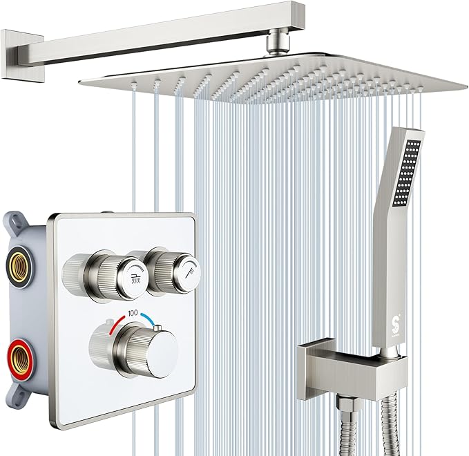 SR SUN RISE 100℉ Thermostatic Shower System,12" Luxury Rainfall Shower Head and High-Pressure Handheld Bathroom Shower Faucet Set,Shower Valve and Trim Kit Included (Brushed Nickel)
