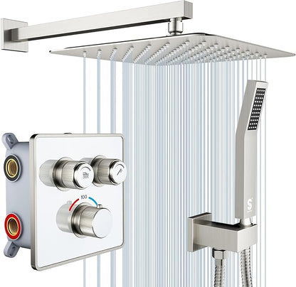SR SUN RISE 100℉ Thermostatic Shower System,12" Luxury Rainfall Shower Head and High-Pressure Handheld Bathroom Shower Faucet Set,Shower Valve and Trim Kit Included (Brushed Nickel)