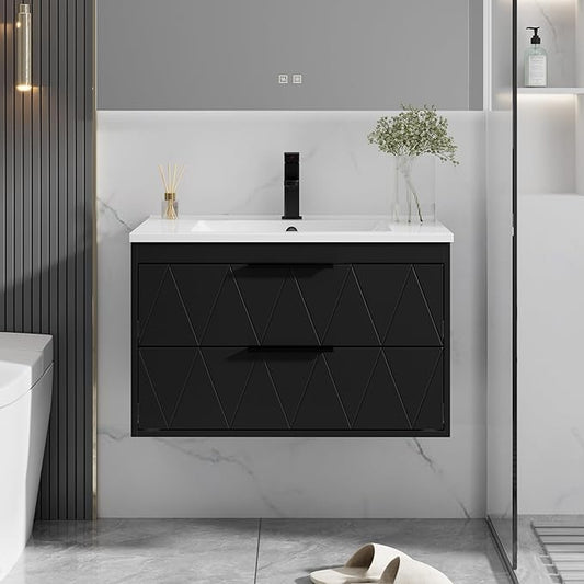 eclife 30" Bathroom Vanities Cabinet with Sink Combo, Wall Mounted Floating Cabinet W/Decor Line, Soft-Close System, 2 Extra Big Drawers, Matte Black Faucet, Black