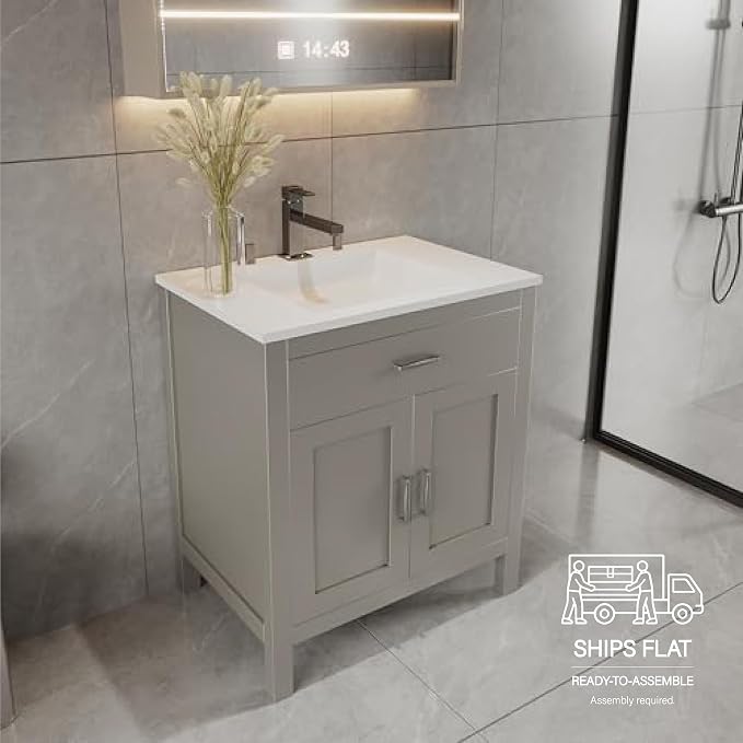 36" Light Grey Bathroom Vanity Base Only – Freestanding Solid Wood Sink Cabinet with Tip-Out Drawer, Shaker Style Storage, No Top or Sink, 36" W x 21" D x 34.5" H