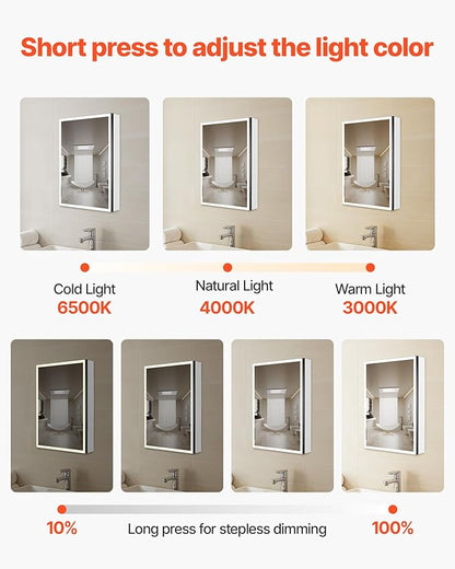 VEVOR Lighted Medicine Cabinet with Mirror, 20 x 28 in Recessed or Wall Mount, 3 Color Dimmable LED Bathroom Medicine Cabinet with Sensor Light, Adjustable Shelve Storage, Memory Defog Function