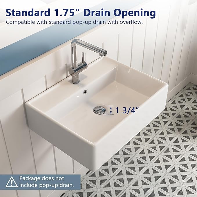 DeerValley 23x18 Inch Wall Mounted Bathroom Sink, White Ceramic Rectangular Vessel Sink with Overflow and Faucet Hole, Art Sink, DV-1WS0127