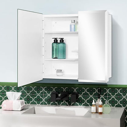 Fundin White Medicine Cabinet Recessed or Surface Mount, Bathroom Medicine Cabinet with 30 x 24 Beveled Edge Mirror Size and Adjustable Staggered Shelves