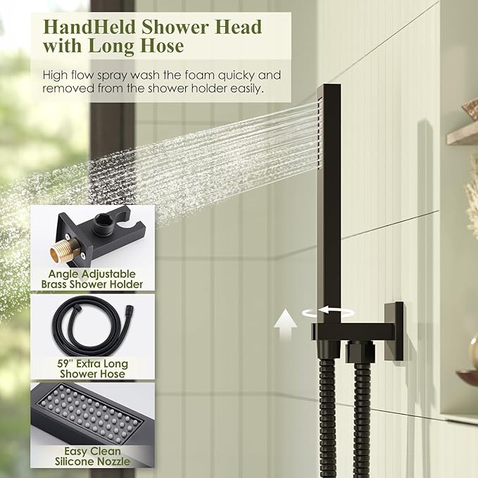 Shower System, Matte Black Shower Faucet Set, 12 Inch Rain Shower Head with Handheld Spray, High Pressure Shower Head System with Shower Valve and Trim Kit, Wall Mounted Shower Head Set