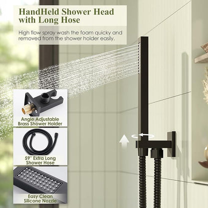Shower System, Matte Black Shower Faucet Set, 12 Inch Rain Shower Head with Handheld Spray, High Pressure Shower Head System with Shower Valve and Trim Kit, Wall Mounted Shower Head Set