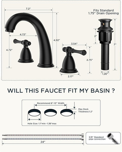 FORIOUS Black Bathroom Sink Faucet 8 Inch, Widespread Bathroom Faucet 3 Hole with Pop Up Drain and Water Hose Supply, 2 Lever Handle Design,for Vanity RV Farmhouse Sink