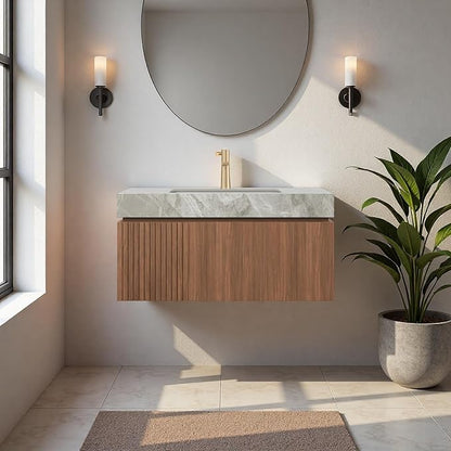 36" Bathroom Vanity with Sink, Wall-Mounted Plywood Bathroom Storage Cabinet with Ceramic Basin & Sintered Stone Countertop, Modern Pre-Assembled Floating Vanity with Drawer & Door, Brown Oak