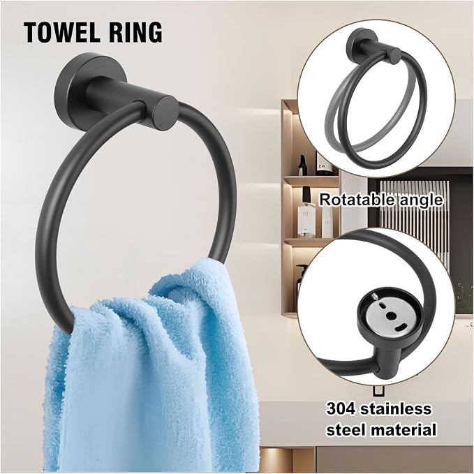 5 Piece Modern Style Wall Mounted Bathroom Hardware Set | #304 Stainless Steel, 24" Towel Bar Mount, Towel Rings, 2 Pillar Toilet Paper Holder, Bathrobe Hook (Matt Black)