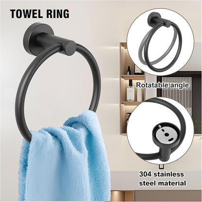 5 Piece Modern Style Wall Mounted Bathroom Hardware Set | #304 Stainless Steel, 24" Towel Bar Mount, Towel Rings, 2 Pillar Toilet Paper Holder, Bathrobe Hook (Matt Black)