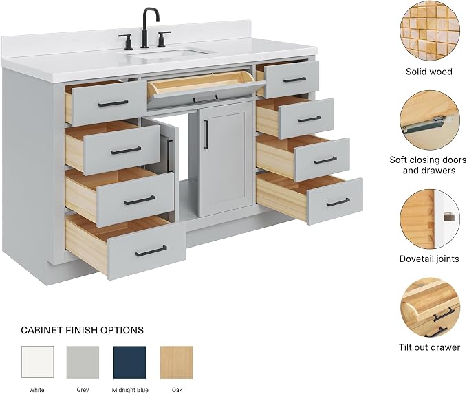 ARIEL Hepburn 60-inch Bathroom Vanity with Sink,Solid Wood, 1.5-inch Carrara White Quartz Countertop & Backsplash, Single Rectangular Porcelain Sink, 2 Soft Closing Doors, 9 Dovetail Drawers, Grey