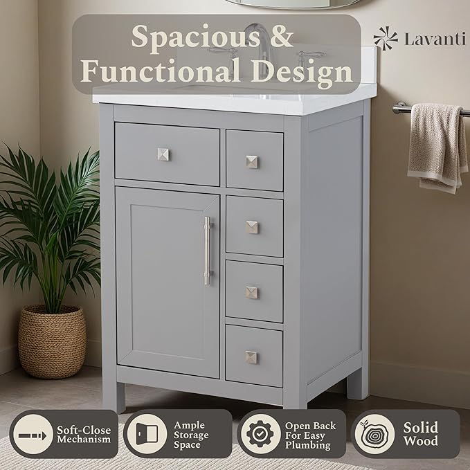 Lavanti Oakford 24 Inch Bathroom Vanity with Sink – Stylish Grey Vanity Bathroom with Storage Cabinet – Modern Bathroom Vanities with Single Vanity Sink & Quartz Countertop