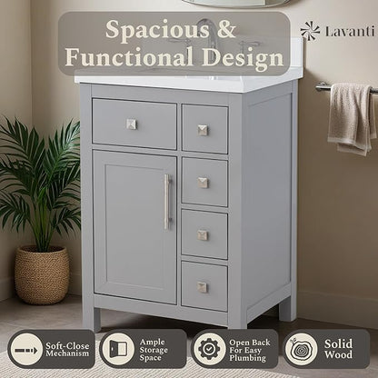 Lavanti Oakford 24 Inch Bathroom Vanity with Sink – Stylish Grey Vanity Bathroom with Storage Cabinet – Modern Bathroom Vanities with Single Vanity Sink & Quartz Countertop