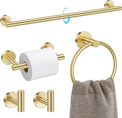 TQKAG Brushed Gold Bathroom Accessories, 5 Piece Towel Racks for Bathroom | 23.6" Bathroom Hardware Set, SUS304 Stainless Steel, Double Post Pivoting, Towel Hooks, Toilet Paper Holder Set Wall Mounted