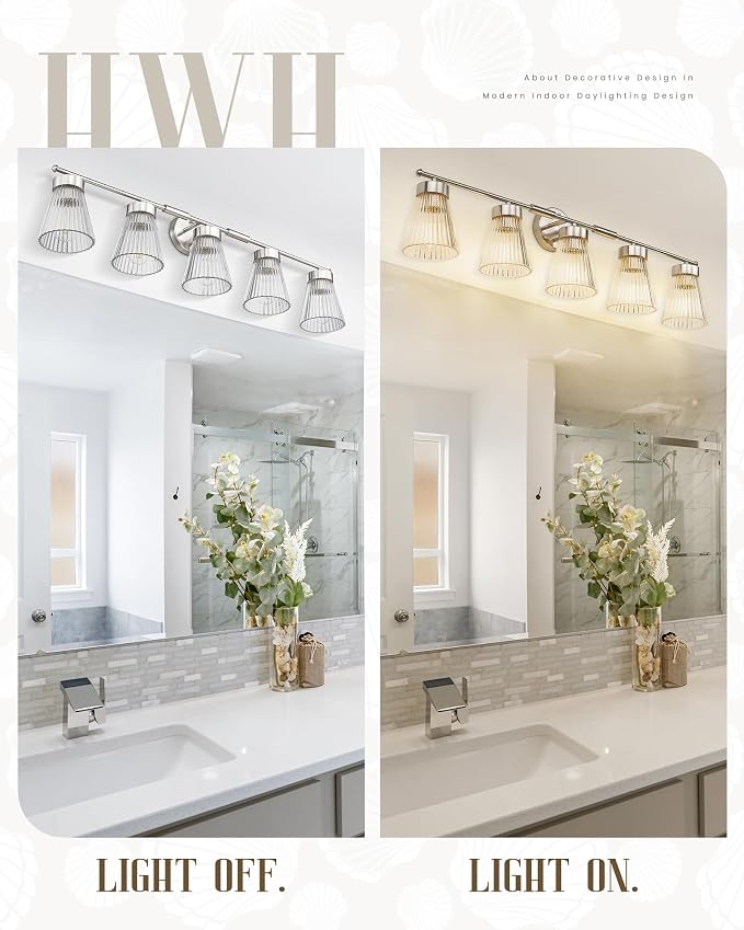 Brushed Nickel Bathroom Vanity Light, HWH 5-Light Bathroom Light Fixtures Modern Wall Vanity Lamp for Bathroom Over Mirror, Clear Striped Glass Shade, 5HZG97B-5W BN