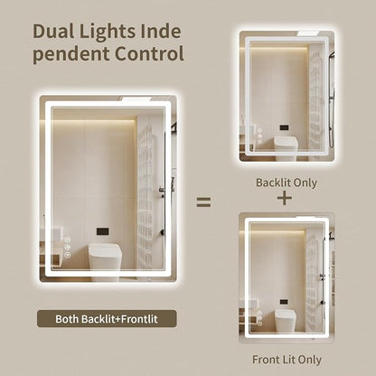 22"x30" LED Bathroom Mirror with Lights, Backlit + Front Lit, Anti-Fog, Lighted Bathroom Mirror for Wall, HD Shatterproof Tempered Glass, Dimmable, Memory Function (Horizontal/Vertical)