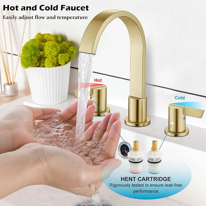 Midanya 8 Inch Widespread Bathroom Sink Faucet 3 Hole,Brushed Gold | Waterfall Swivel Spout,2 Handle,SUS304,with Pop Up Drain,cUPC 24" Water Hose,for 6-16” hole distance vanity,RV,Farmhouse Sink