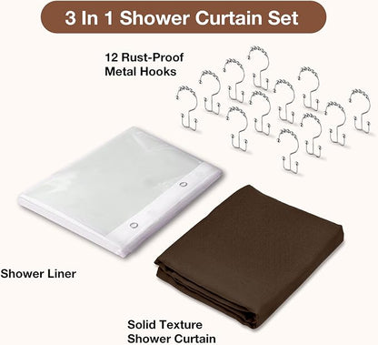 Shower Curtain and Liner, 3 in 1 Shower Curtain Set with 12 Double Sided Shower Curtain Hooks, Cloth Shower Curtains for Bathroom,Waterproof, Brown 72 * 72