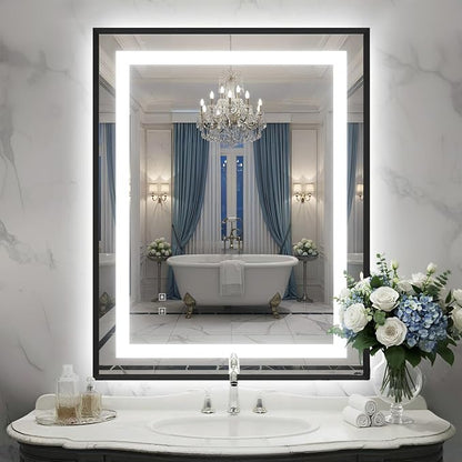 28X36 Inch LED Bathroom Mirror with Lights, Black Frame Frontlit+ Backlit Bathroom Vanity Mirror for Wall, Ultra-Clear Tempered Glass, Shatter-Proof, Anti-Fog and Memory Function, ETL Listed