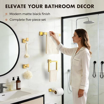 Bathroom Accessory Towel Bar Set: 15 Pieces Gold Bathroom Hardware Square SUS304 Stainless Steel - Wall Mounted Towel Rack&Toilet Paper Holder&Towel Ring and Towel Hook