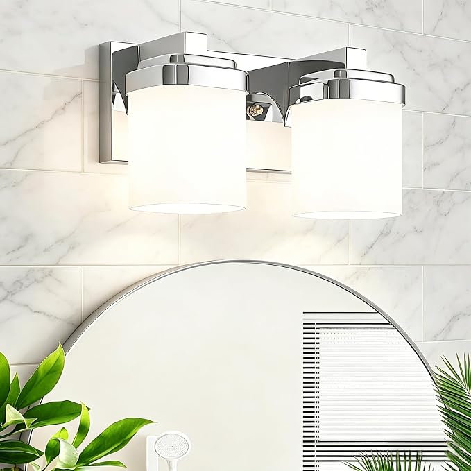 Lighting Fixtures Over Mirror, Small Bathroom Lamp Vanity Lights | 2-light chrome vanity lights for bathroom with milky white square glass shade, 10" modern farmhouse bathroom light fixtures