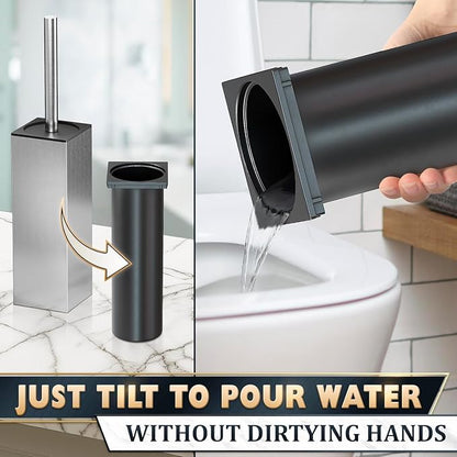 Silver Toilet Brush and Holder Set, Stainless Steel (Square) | Toilet Brush with Holder Set for Bathroom, Splash Protection & Dense Bristles for Bathroom Cleaning, Removable Inner Bowl