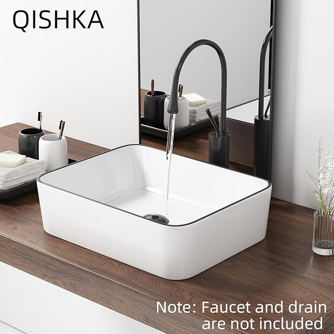 19 Inch Rectangular Bathroom Sink Above Counter, QISHKA White Ceramic Vanity Vessel Sink With Black Edges - 19" x 15" Countertop Rectangle Hand Wash Sink Porcelain Art Basin