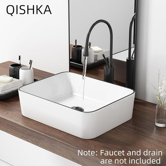 19 Inch Rectangular Bathroom Sink Above Counter, QISHKA White Ceramic Vanity Vessel Sink With Black Edges - 19" x 15" Countertop Rectangle Hand Wash Sink Porcelain Art Basin