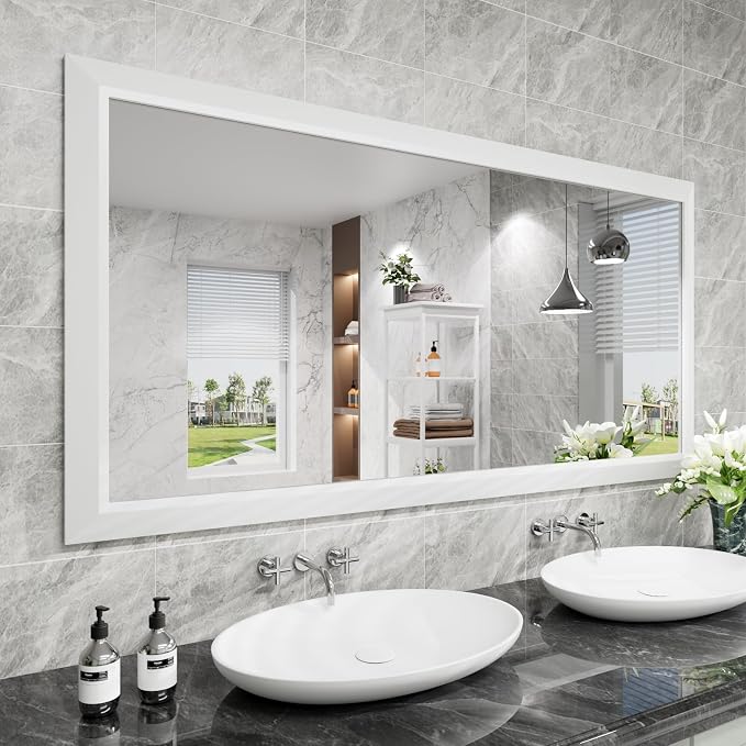 Bathroom Mirror for Wall, 60x30 Inch (White) | HD Reflection, Tempered Glass, Thick Metal Framed Rectangle Mirrors for Over Sink, Vanity, Bedroom, Living Room, Entryway