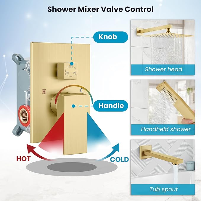 gotonovo Bathtub Shower Faucet Set, 10 Inch Shower Head, Brushed Gold | Wall Mounted Shower System with Tub Spout for Bathroom, Square High Pressure Rain Shower head with Handheld Spray, All Metal