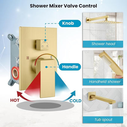 gotonovo Bathtub Shower Faucet Set, 10 Inch Shower Head, Brushed Gold | Wall Mounted Shower System with Tub Spout for Bathroom, Square High Pressure Rain Shower head with Handheld Spray, All Metal