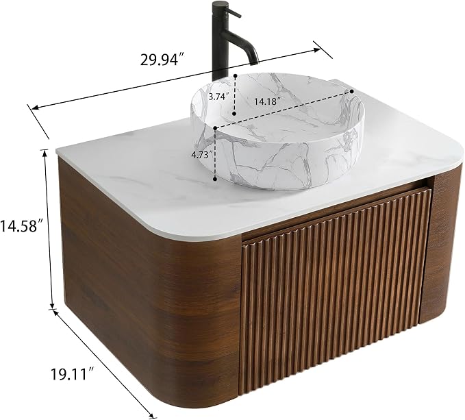 30" Preassembled Floating Bathroom Vanity with Carrara Finish Sink, Walnut | Mid-Century Modern Style, Fluted & Soft-Close Drawer with U-shaped Wall, Sinterted Stone Countertop, Towel Rack Included