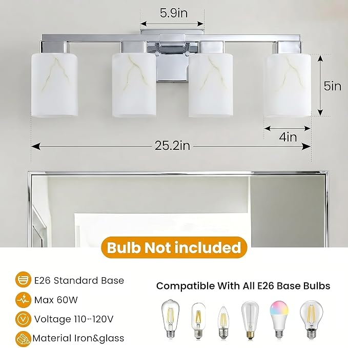 4-Light Square Bathroom Light Fixture, Chrome Modern Vanity Light with White Marble Glass Shade, for Bathroom Mirror, Living Room, Bedroom, Hallway, E26 Base