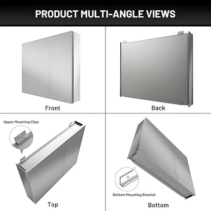 30 x 24 Medicine Cabinet Mirror for Bathroom,Aluminum Alloy Frame,Recessed/Surface Mounted,Mirrored Side Panel,Adjustable Shelves,Bathroom Medicine Cabinet with Mirror,Assembly Required