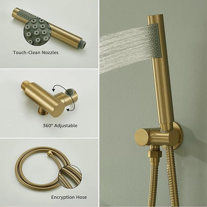 Iriber Brushed Gold Shower System Wall Mounted Shower Faucet Mixer Set with 12 Inches Rain Shower head and Handheld, Bathroom Modern Rainfall Shower Trim Kit (Contain Valve Cartridge)