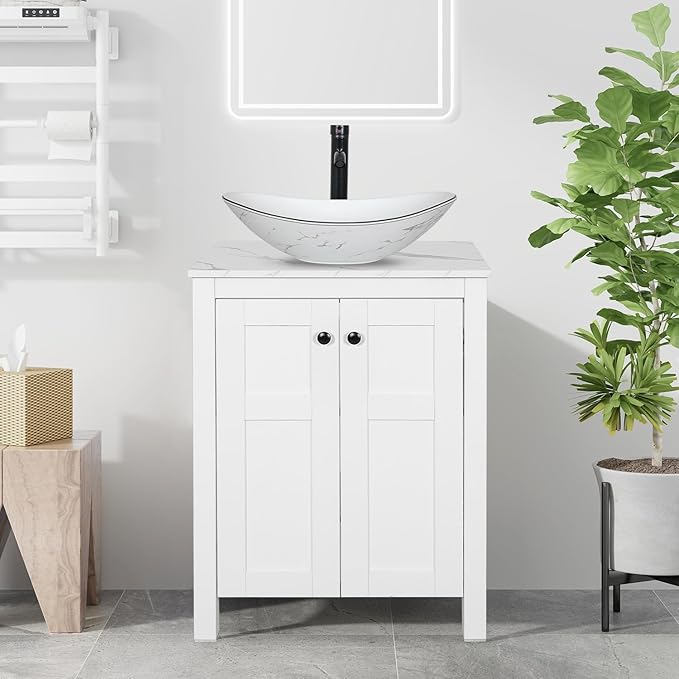 24 Inch White Bathroom Vanity with Marble Texture Top, Traditional Standing Pedestal Cabinet with Marble Boat Ceramic Sink