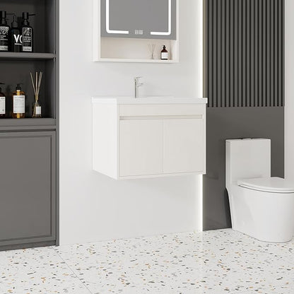 24'' Bathroom Vanity with Ceramic Sink Combo, Wall Mounted Small Bathroom Vanity with Soft-Close Door Modern Floating Cabinet, Pop-up Drain, P-Trap Included, Khaki(No Faucet)