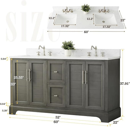 Vanity Art 60 Inch Bathroom Vanity with Double Sink, Silver Grey | Solid Wood, Ceramic Sink, Marble Top, Waterproof Backsplash, Pre-assembled, Soft-close Doors, Ample Storage, Freestanding