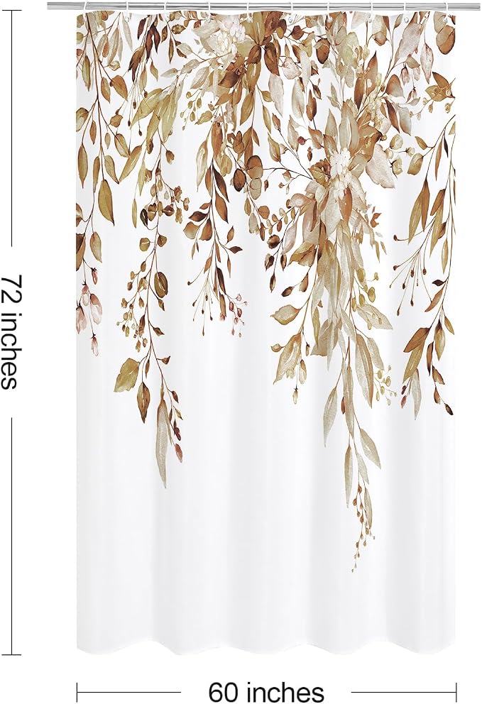 Brown Eucalyptus Shower Curtain, Watercolor Floral Print, 60x72 | Watercolor Plant Leaves Floral Print, Stall Waterproof Fabric Bathroom Decor, Machine Washable, Rustproof Grommets
