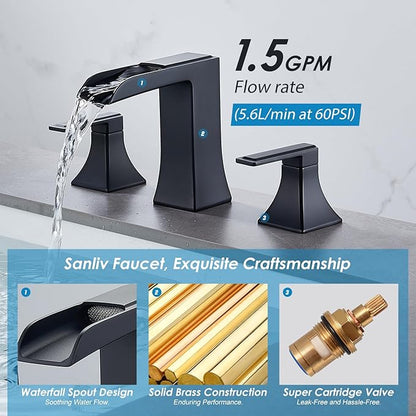 Black Waterfall Bathroom Faucet, Sanliv 3-Piece Widespread Bathroom Faucet for 3-Hole Sinks 4-8 inch, Modern 2-Handle Vanity Faucet with Pop-Up Drain, Matte Black