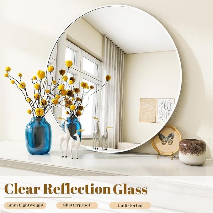 White Round Bathroom Mirror 24", Thin Metal Frame Wall Mirror | Circle Vanity Mirror for Over Sink, Hanging or Leaning Decor for Hallway, Entryway, Fireplace Mantel, Living Room
