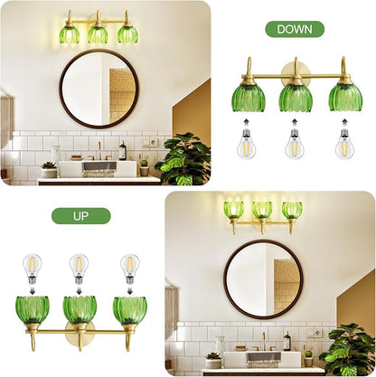 Vintage Bathroom Light Fixtures Gold, 3 Light Vanity Light with Green Glass Shade,E26 Base Bathroom Lighting Fixtures Over Mirror,Dimmable Vanity Lighting Fixtures for Restroom,Vanity,Mirror