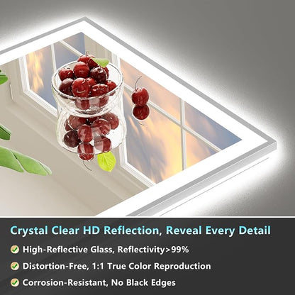 68x38 Inch Brushed Nickel LED Bathroom Mirror, Backlit & Front Lit | Silver Framed Anti-Fog Lighted Vanity Mirror with Lights, 3 Color Dimmable, Memory, HD Tempered Glass, CRI95, IP54, UL Listed