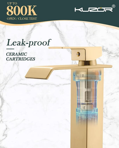 Brushed Gold Tall Waterfall Vessel Sink Faucet – Single Hole 304 Stainless Steel Bathroom Faucet with Metal Pop-Up Drain, High Arc Spout for Modern Vanities